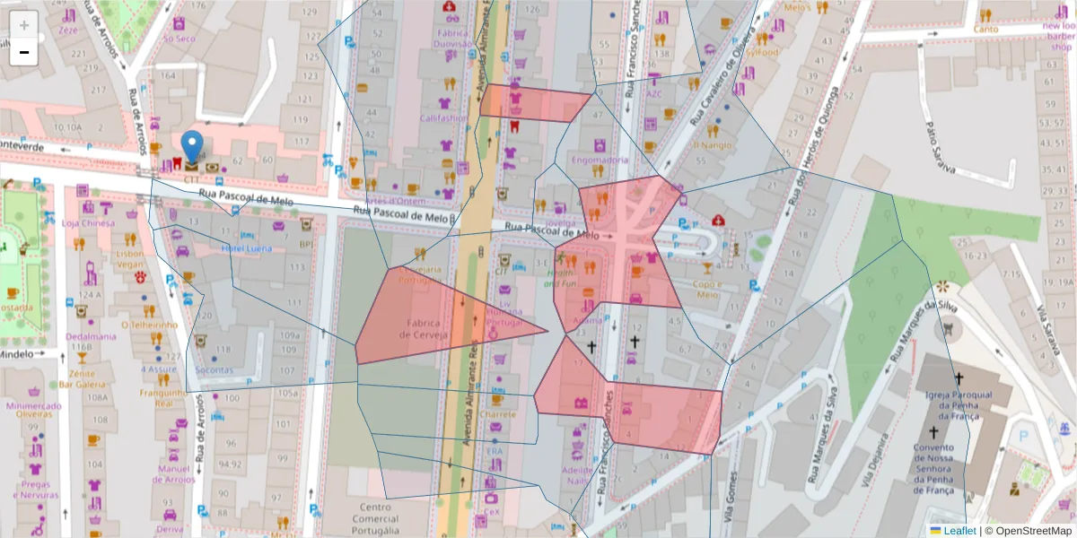 Mapa detalhado do código postal 1170-140 com limites, códigos postais vizinhos e agências dos correios