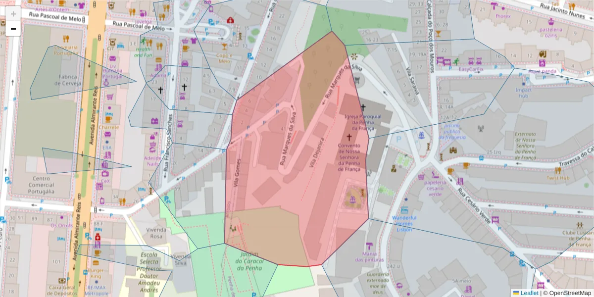 Mapa detalhado do código postal 1170-224 com limites, códigos postais vizinhos e agências dos correios