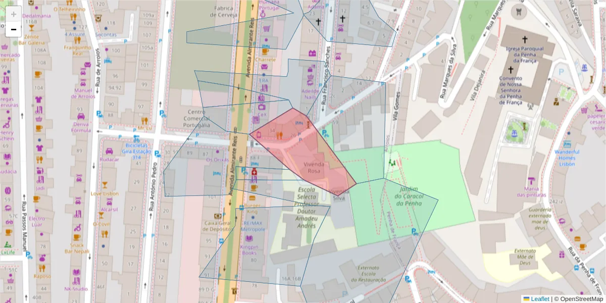 Mapa detalhado do código postal 1170-225 com limites, códigos postais vizinhos e agências dos correios