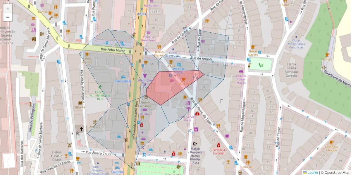 Mapa detalhado do código postal 1175-134 com limites, códigos postais vizinhos e agências dos correios