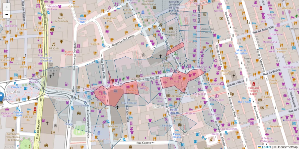 Mapa detalhado do código postal 1200-203 com limites, códigos postais vizinhos e agências dos correios