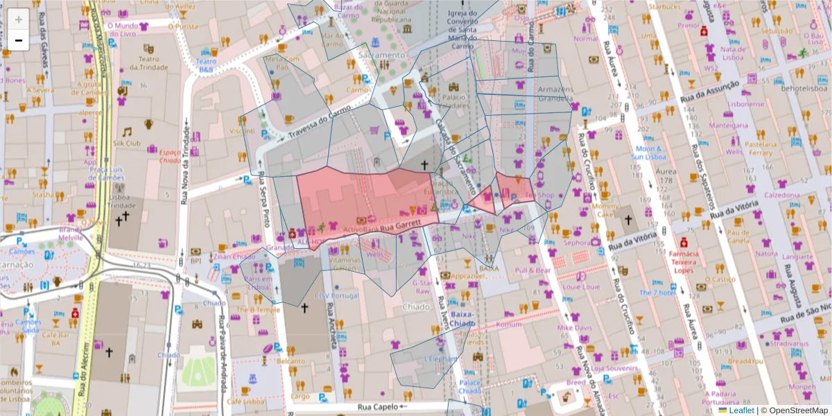 Mapa detalhado do código postal 1200-204 com limites, códigos postais vizinhos e agências dos correios