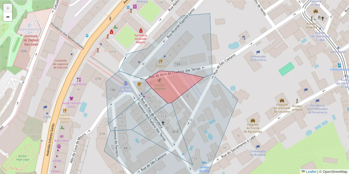 Mapa detalhado do código postal 1200-607 com limites, códigos postais vizinhos e agências dos correios