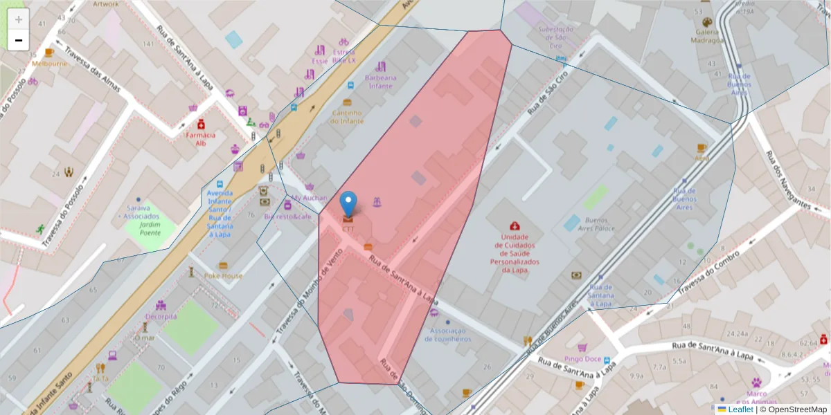 Mapa detalhado do código postal 1200-998 com limites, códigos postais vizinhos e agências dos correios