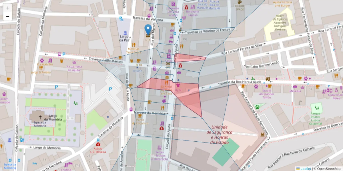 Mapa detalhado do código postal 1300-011 com limites, códigos postais vizinhos e agências dos correios