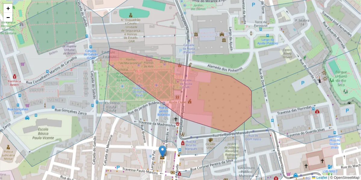 Mapa detalhado do código postal 1300-012 com limites, códigos postais vizinhos e agências dos correios