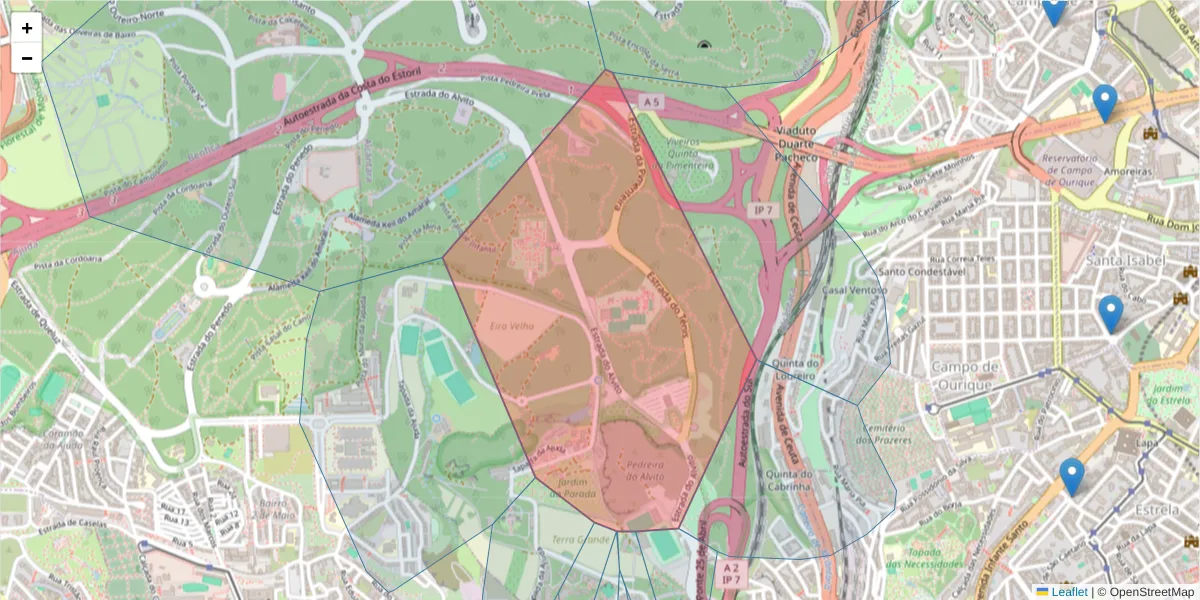 Mapa detalhado do código postal 1300-052 com limites, códigos postais vizinhos e agências dos correios