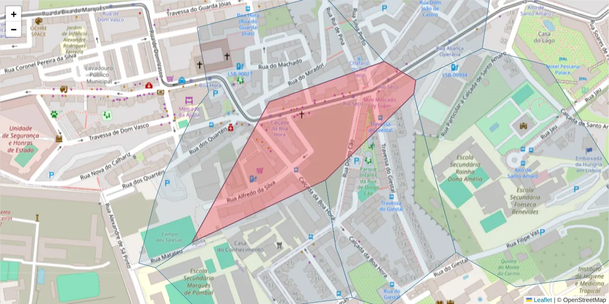 Mapa detalhado do código postal 1300-093 com limites, códigos postais vizinhos e agências dos correios