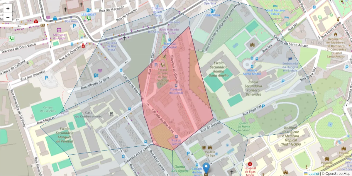 Mapa detalhado do código postal 1300-096 com limites, códigos postais vizinhos e agências dos correios