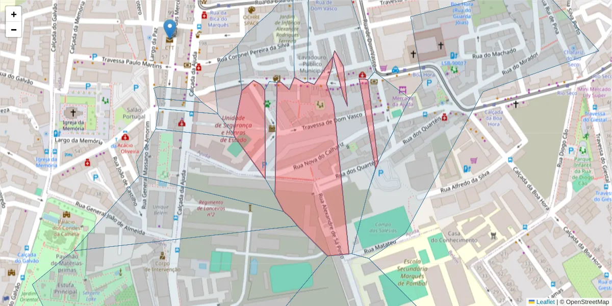 Mapa detalhado do código postal 1300-102 com limites, códigos postais vizinhos e agências dos correios