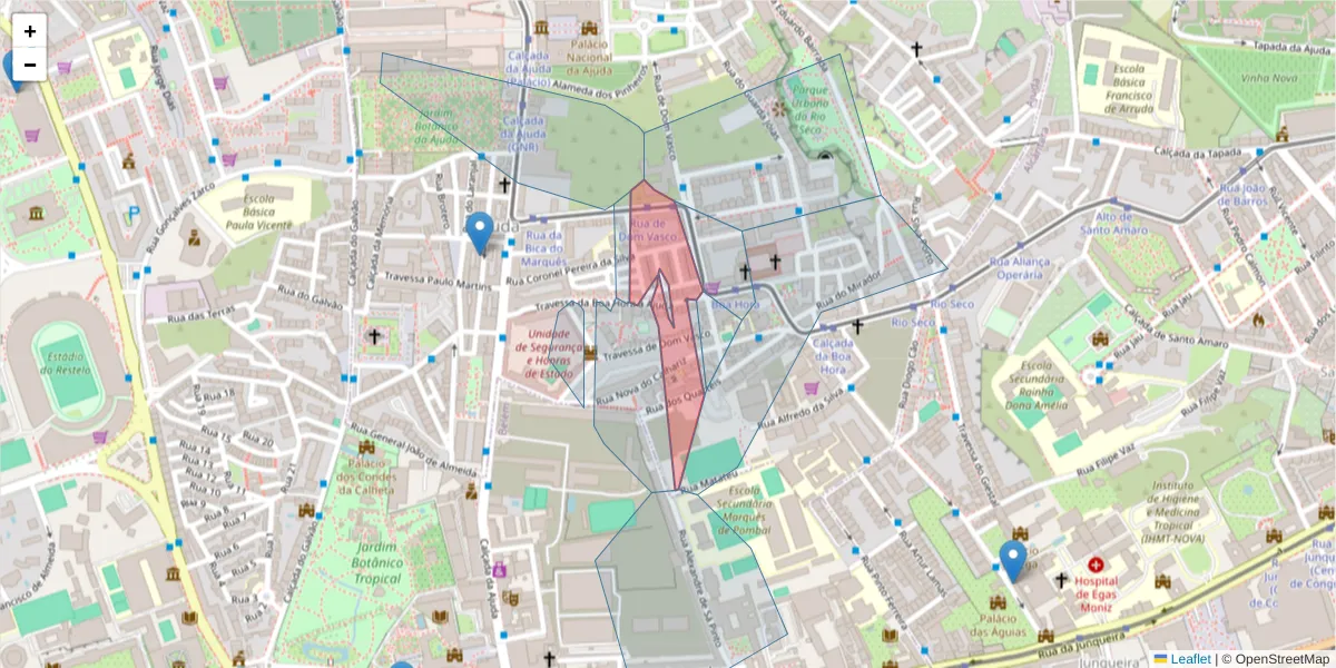 Mapa detalhado do código postal 1300-104 com limites, códigos postais vizinhos e agências dos correios