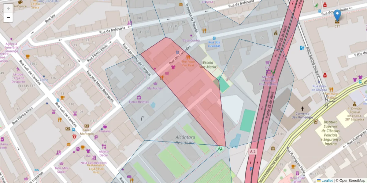 Mapa detalhado do código postal 1300-118 com limites, códigos postais vizinhos e agências dos correios