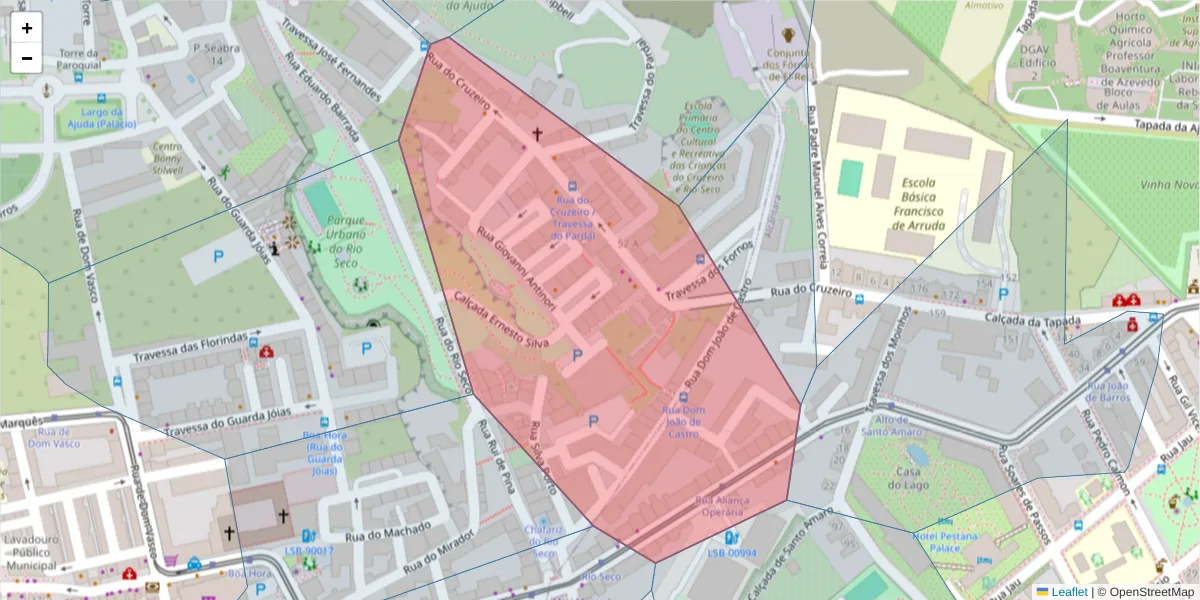 Mapa detalhado do código postal 1300-166 com limites, códigos postais vizinhos e agências dos correios