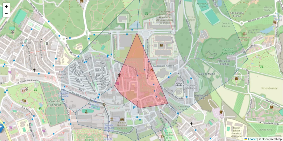 Mapa detalhado do código postal 1300-172 com limites, códigos postais vizinhos e agências dos correios