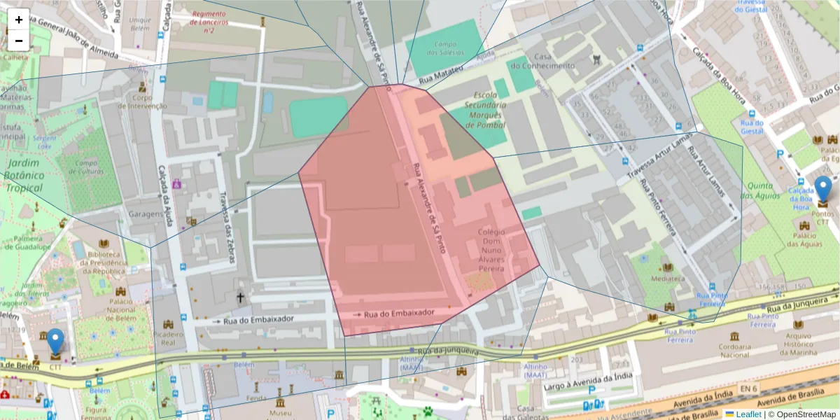 Mapa detalhado do código postal 1300-217 com limites, códigos postais vizinhos e agências dos correios