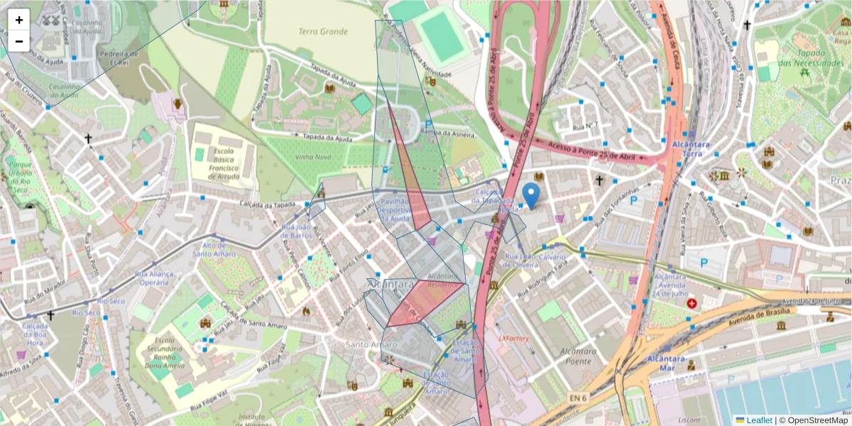 Mapa detalhado do código postal 1300-306 com limites, códigos postais vizinhos e agências dos correios