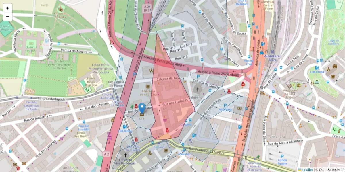 Mapa detalhado do código postal 1300-328 com limites, códigos postais vizinhos e agências dos correios