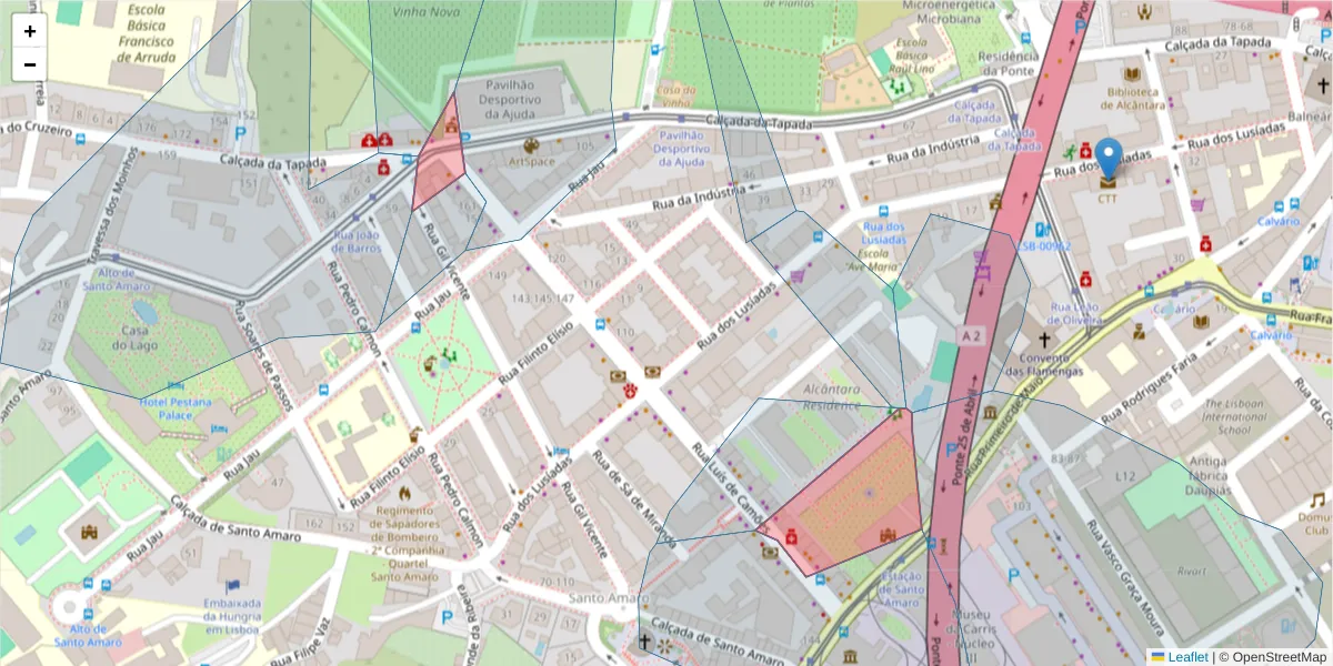 Mapa detalhado do código postal 1300-360 com limites, códigos postais vizinhos e agências dos correios