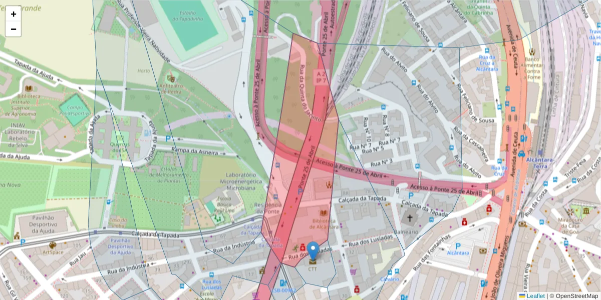 Mapa detalhado do código postal 1300-371 com limites, códigos postais vizinhos e agências dos correios