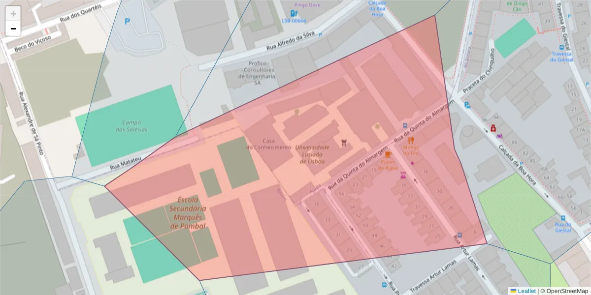 Mapa detalhado do código postal 1300-488 com limites, códigos postais vizinhos e agências dos correios
