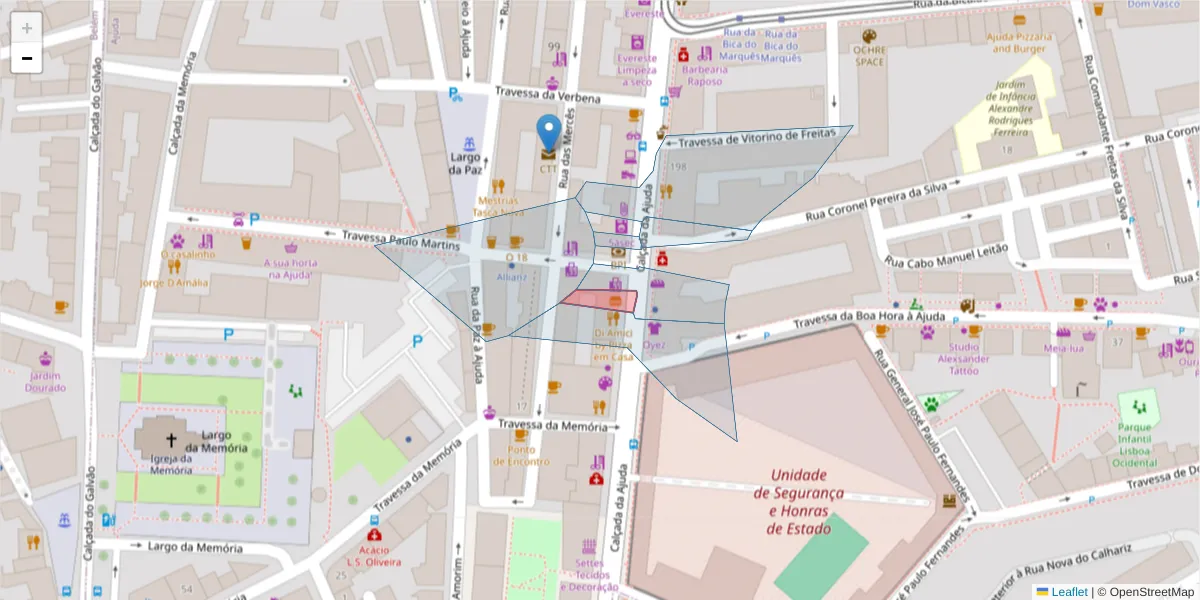 Mapa detalhado do código postal 1300-566 com limites, códigos postais vizinhos e agências dos correios
