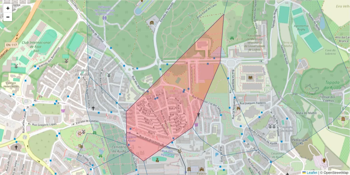 Mapa detalhado do código postal 1300-581 com limites, códigos postais vizinhos e agências dos correios