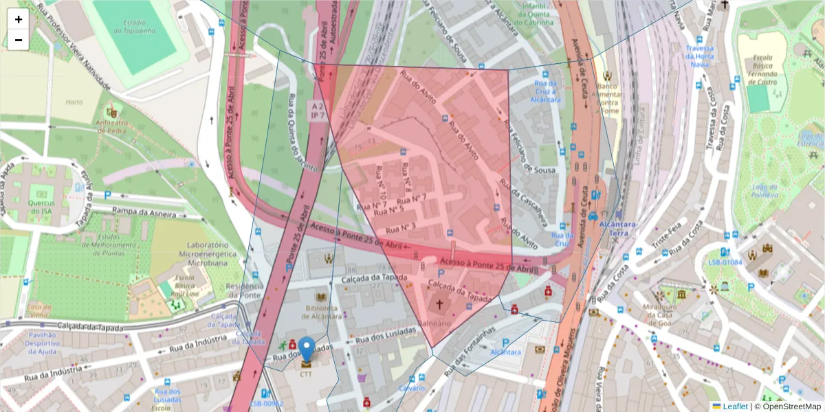 Mapa detalhado do código postal 1300-611 com limites, códigos postais vizinhos e agências dos correios