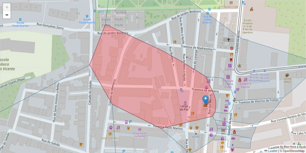 Mapa detalhado do código postal 1300-996 com limites, códigos postais vizinhos e agências dos correios
