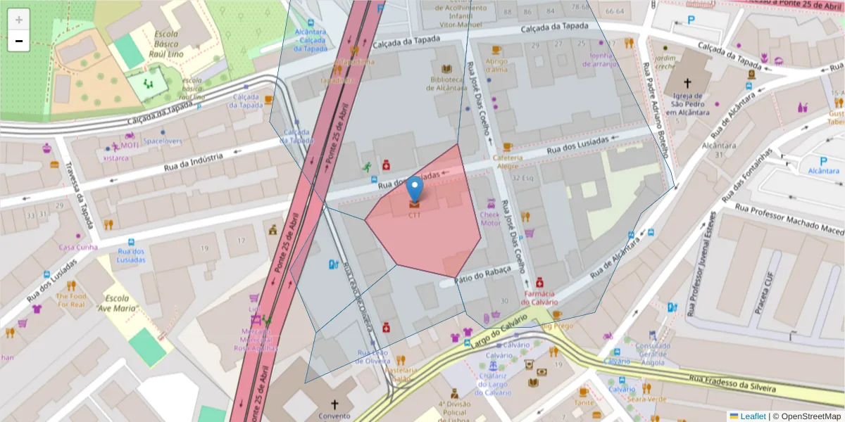 Mapa detalhado do código postal 1300-998 com limites, códigos postais vizinhos e agências dos correios