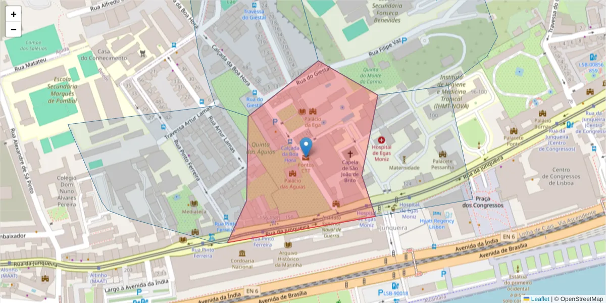 Mapa detalhado do código postal 1300-999 com limites, códigos postais vizinhos e agências dos correios