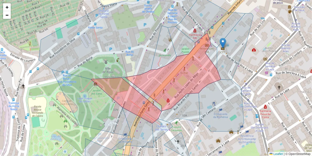 Mapa detalhado do código postal 1350-180 com limites, códigos postais vizinhos e agências dos correios