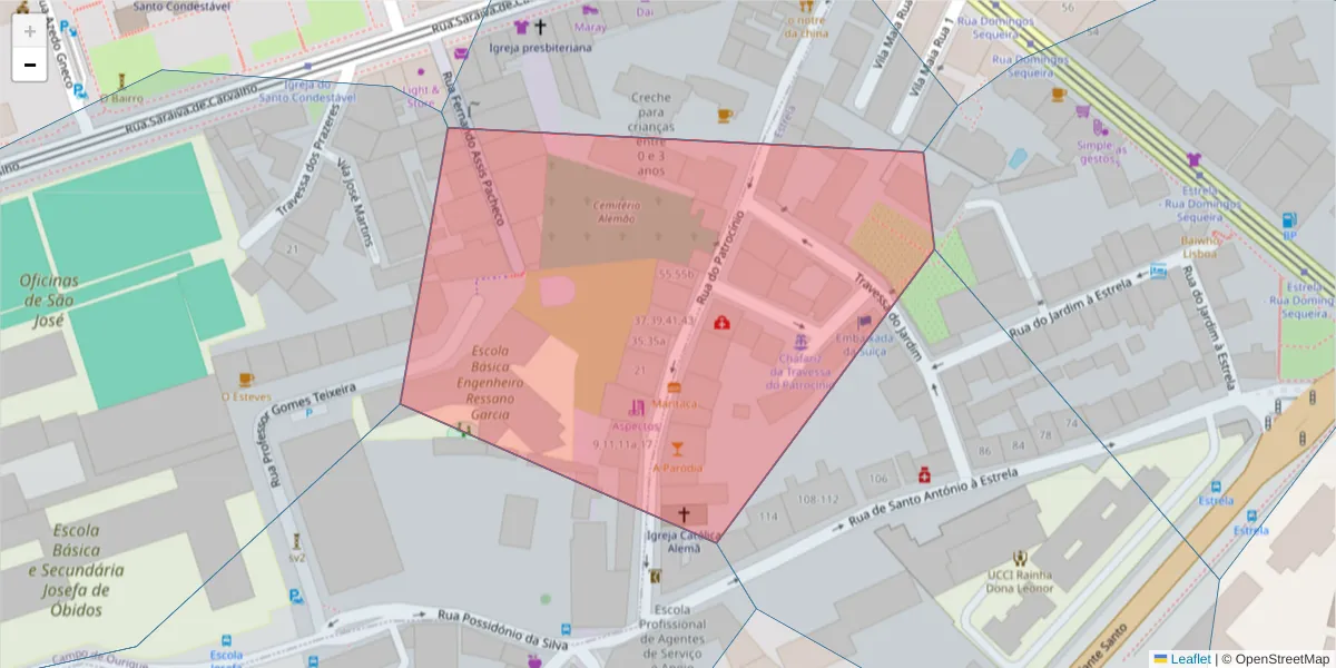 Mapa detalhado do código postal 1350-230 com limites, códigos postais vizinhos e agências dos correios