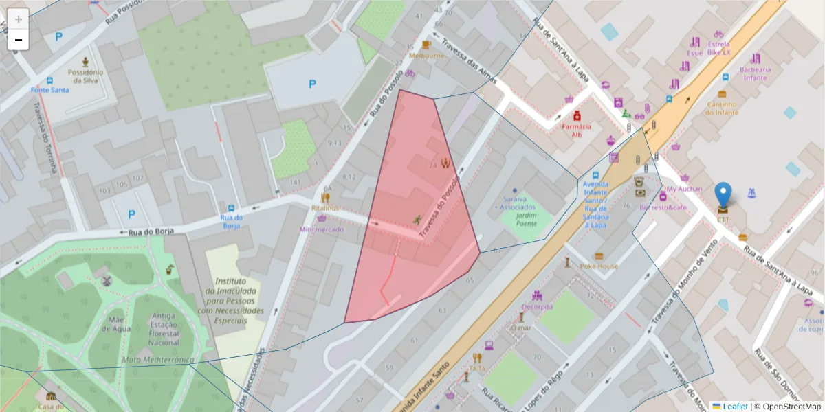 Mapa detalhado do código postal 1350-253 com limites, códigos postais vizinhos e agências dos correios