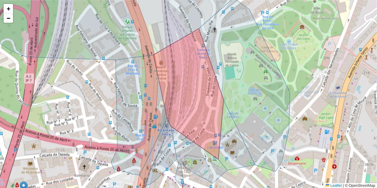 Mapa detalhado do código postal 1350-259 com limites, códigos postais vizinhos e agências dos correios