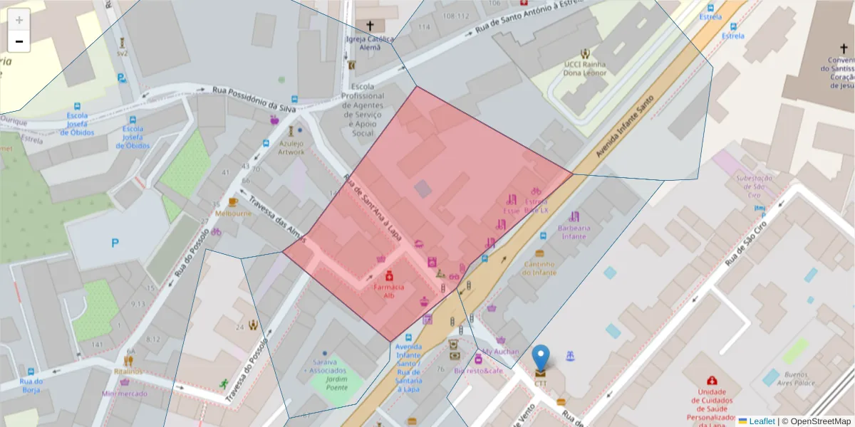 Mapa detalhado do código postal 1350-290 com limites, códigos postais vizinhos e agências dos correios