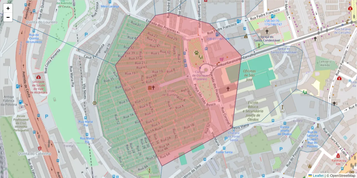 Mapa detalhado do código postal 1350-304 com limites, códigos postais vizinhos e agências dos correios
