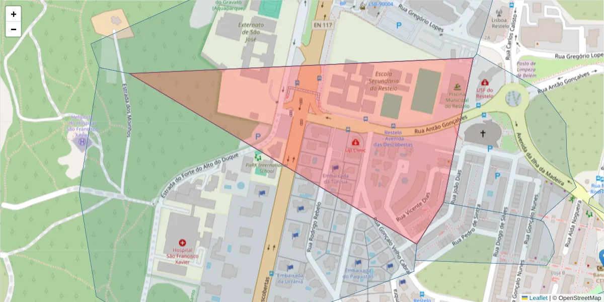 Mapa detalhado do código postal 1400-015 com limites, códigos postais vizinhos e agências dos correios