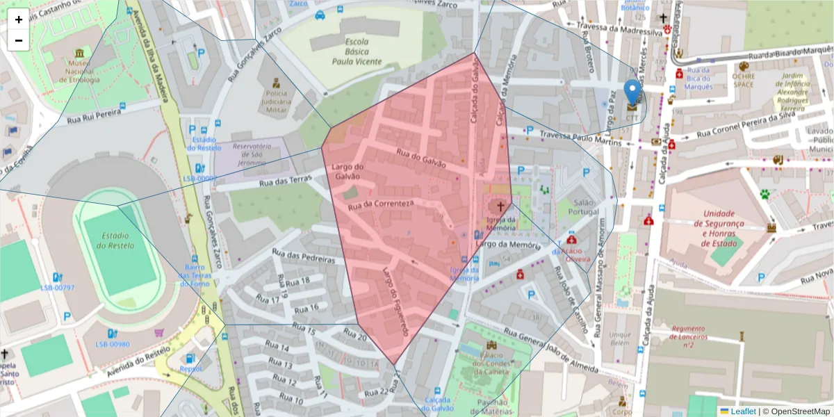 Mapa detalhado do código postal 1400-077 com limites, códigos postais vizinhos e agências dos correios