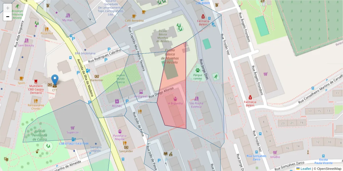 Mapa detalhado do código postal 1400-104 com limites, códigos postais vizinhos e agências dos correios