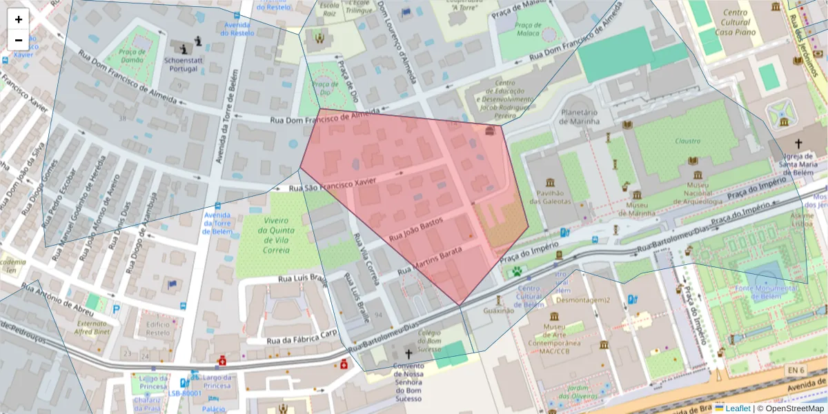 Mapa detalhado do código postal 1400-124 com limites, códigos postais vizinhos e agências dos correios