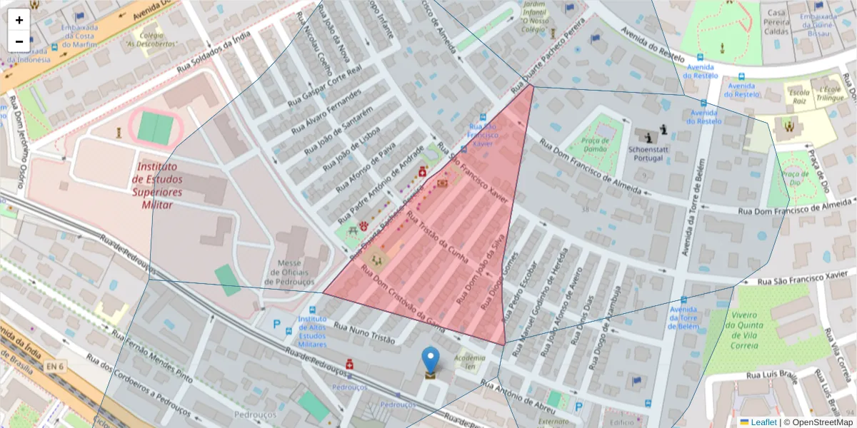 Mapa detalhado do código postal 1400-140 com limites, códigos postais vizinhos e agências dos correios
