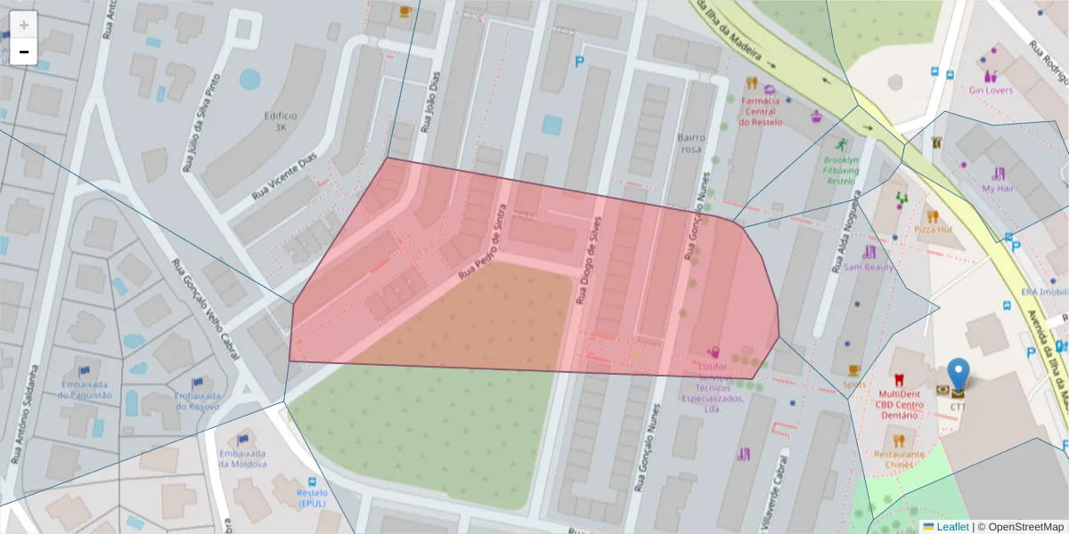 Mapa detalhado do código postal 1400-188 com limites, códigos postais vizinhos e agências dos correios