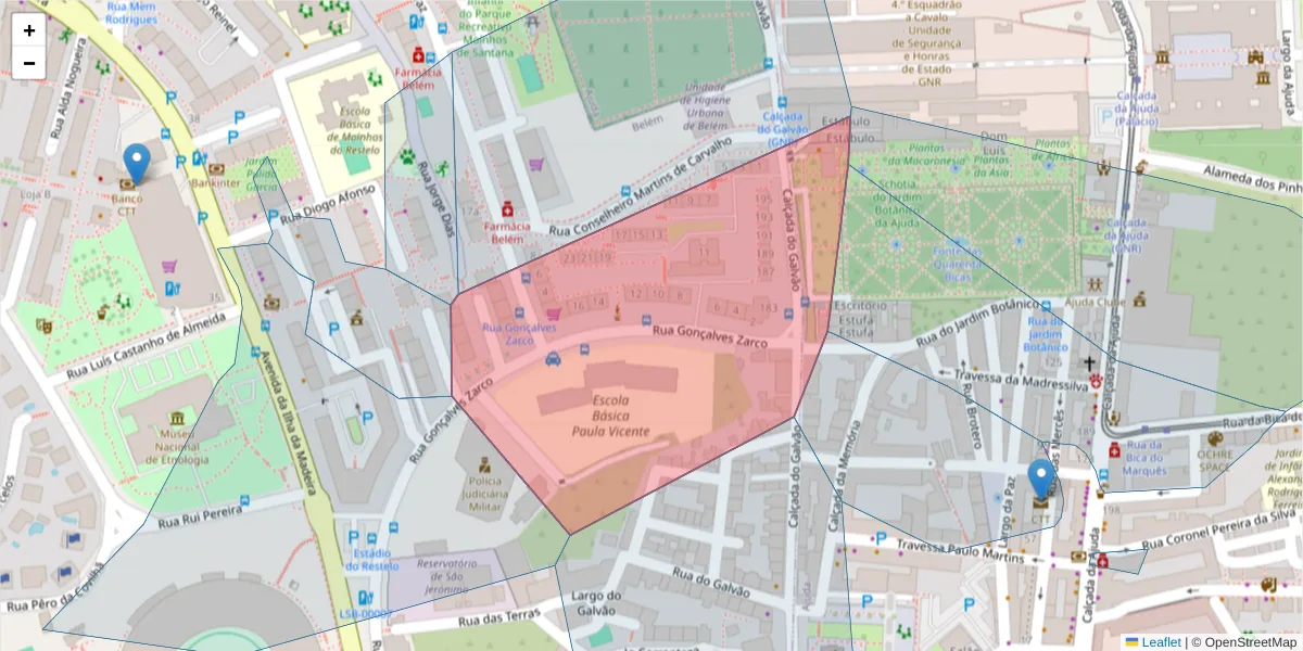 Mapa detalhado do código postal 1400-191 com limites, códigos postais vizinhos e agências dos correios
