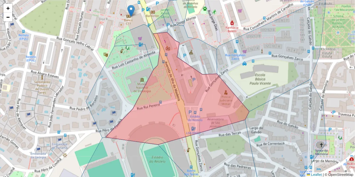 Mapa detalhado do código postal 1400-204 com limites, códigos postais vizinhos e agências dos correios