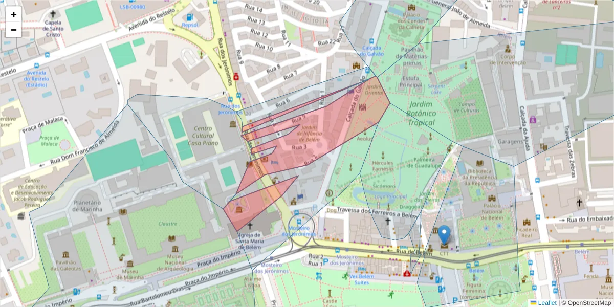 Mapa detalhado do código postal 1400-211 com limites, códigos postais vizinhos e agências dos correios