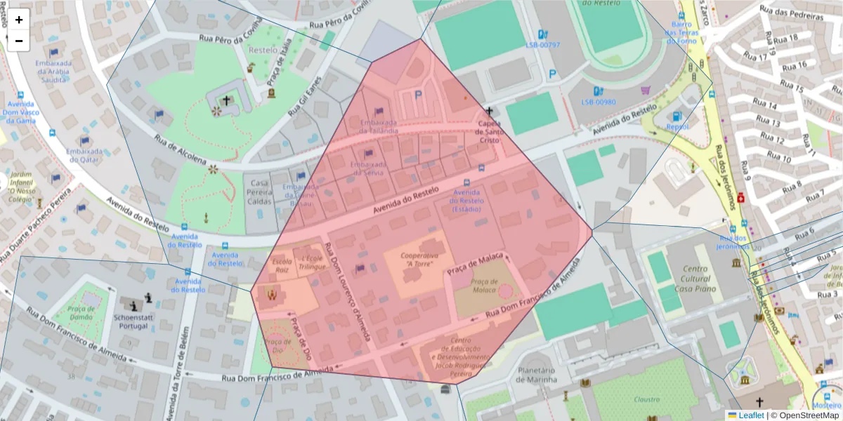 Mapa detalhado do código postal 1400-239 com limites, códigos postais vizinhos e agências dos correios