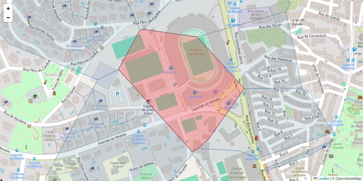 Mapa detalhado do código postal 1400-314 com limites, códigos postais vizinhos e agências dos correios