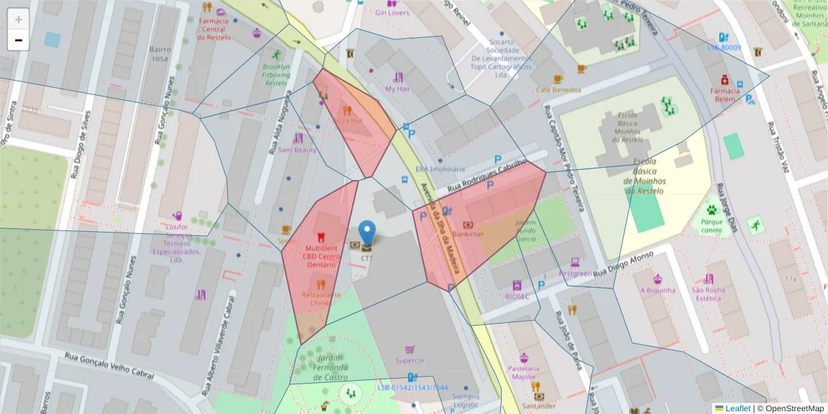 Mapa detalhado do código postal 1400-903 com limites, códigos postais vizinhos e agências dos correios