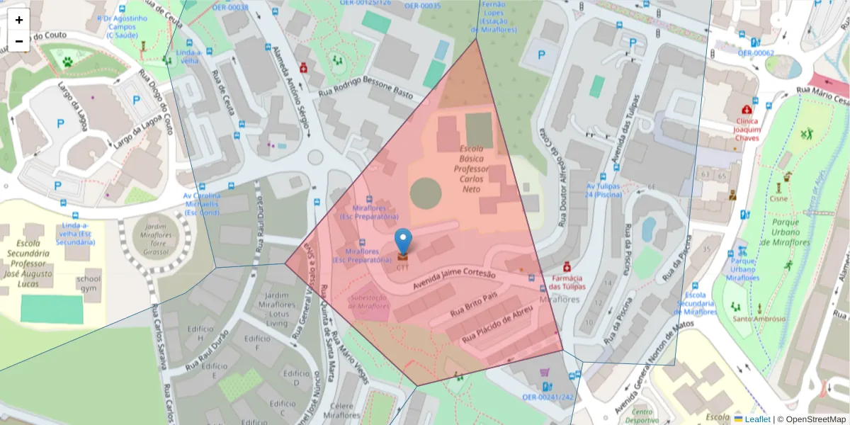 Mapa detalhado do código postal 1495-997 com limites, códigos postais vizinhos e agências dos correios