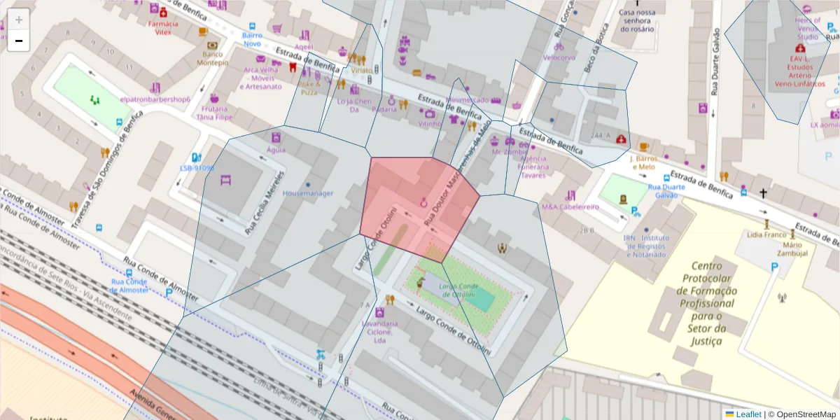 Mapa detalhado do código postal 1500-021 com limites, códigos postais vizinhos e agências dos correios